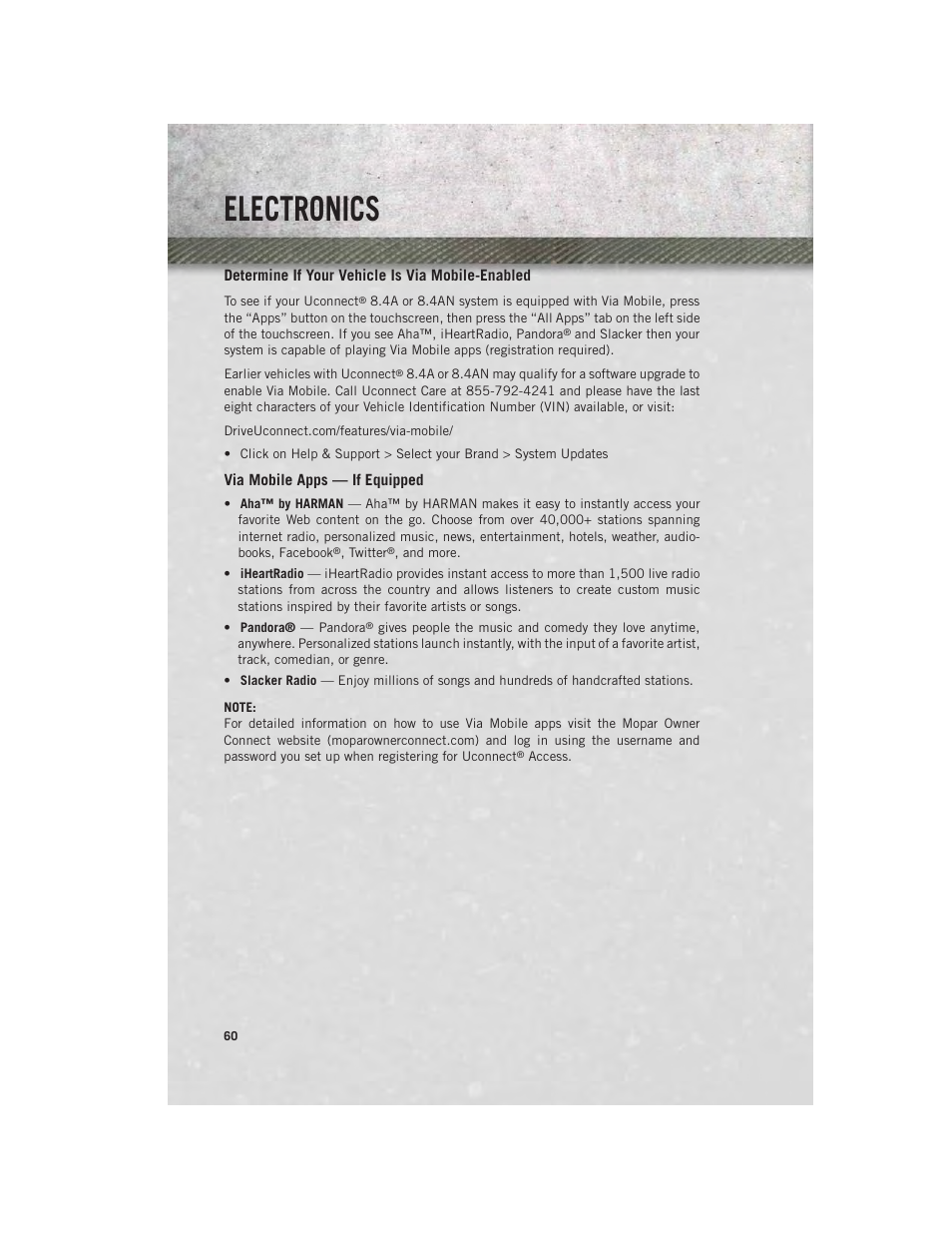 Determine if your vehicle is via mobile-enabled, Via mobile apps — if equipped, Electronics | Ram Trucks 2014 Chassis Cab Commercial - User Guide User Manual | Page 62 / 204