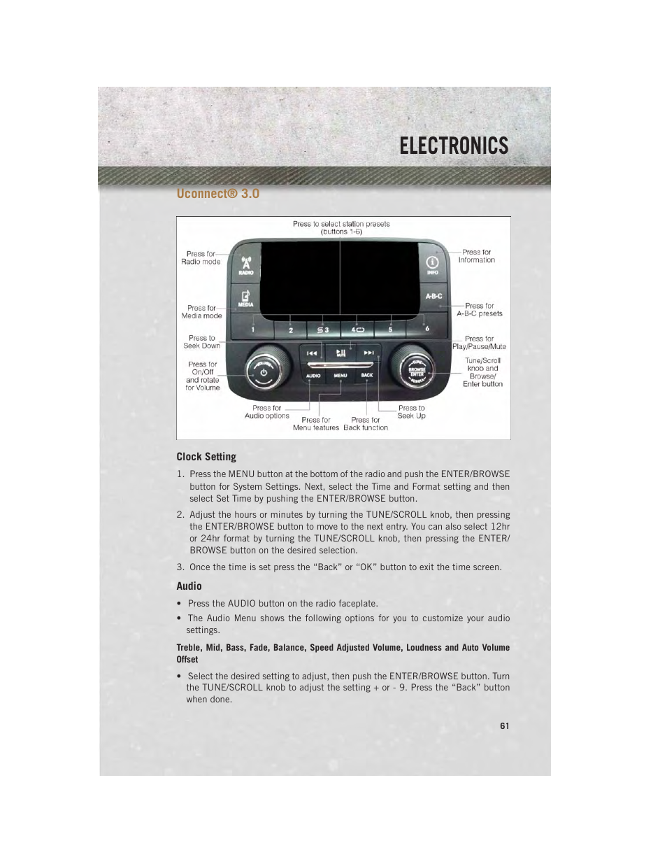 Uconnect® 3.0, Clock setting, Audio | Uconnect, Electronics | Ram Trucks 2014 Chassis Cab Commercial - User Guide User Manual | Page 63 / 204