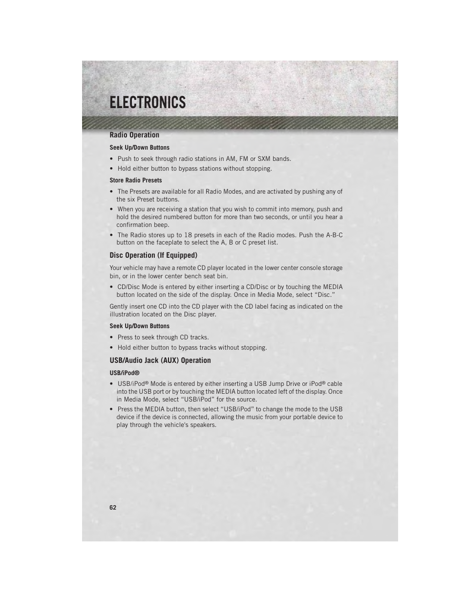 Radio operation, Disc operation (if equipped), Usb/audio jack (aux) operation | Electronics | Ram Trucks 2014 Chassis Cab Commercial - User Guide User Manual | Page 64 / 204