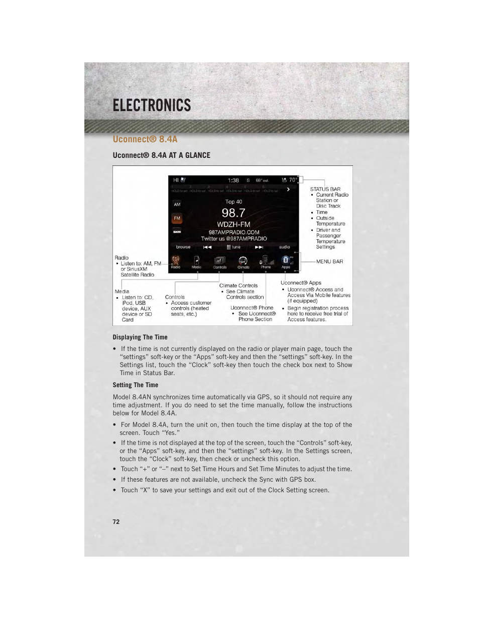 Uconnect® 8.4a, Uconnect® 8.4a at a glance, Uconnect | Electronics | Ram Trucks 2014 Chassis Cab Commercial - User Guide User Manual | Page 74 / 204