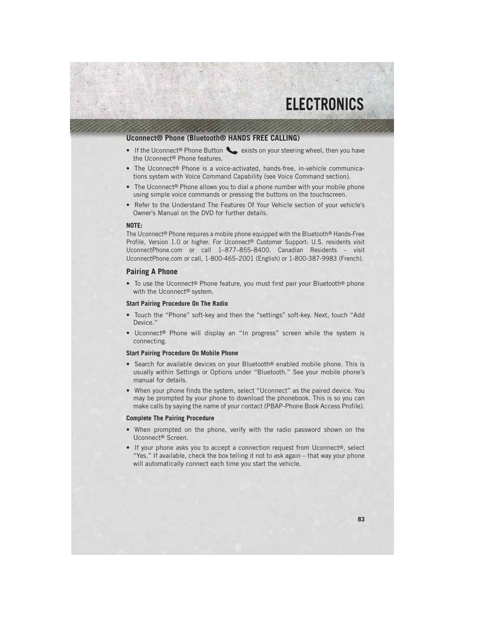 Uconnect® phone (bluetooth® hands free calling), Pairing a phone, Electronics | Ram Trucks 2014 Chassis Cab Commercial - User Guide User Manual | Page 85 / 204