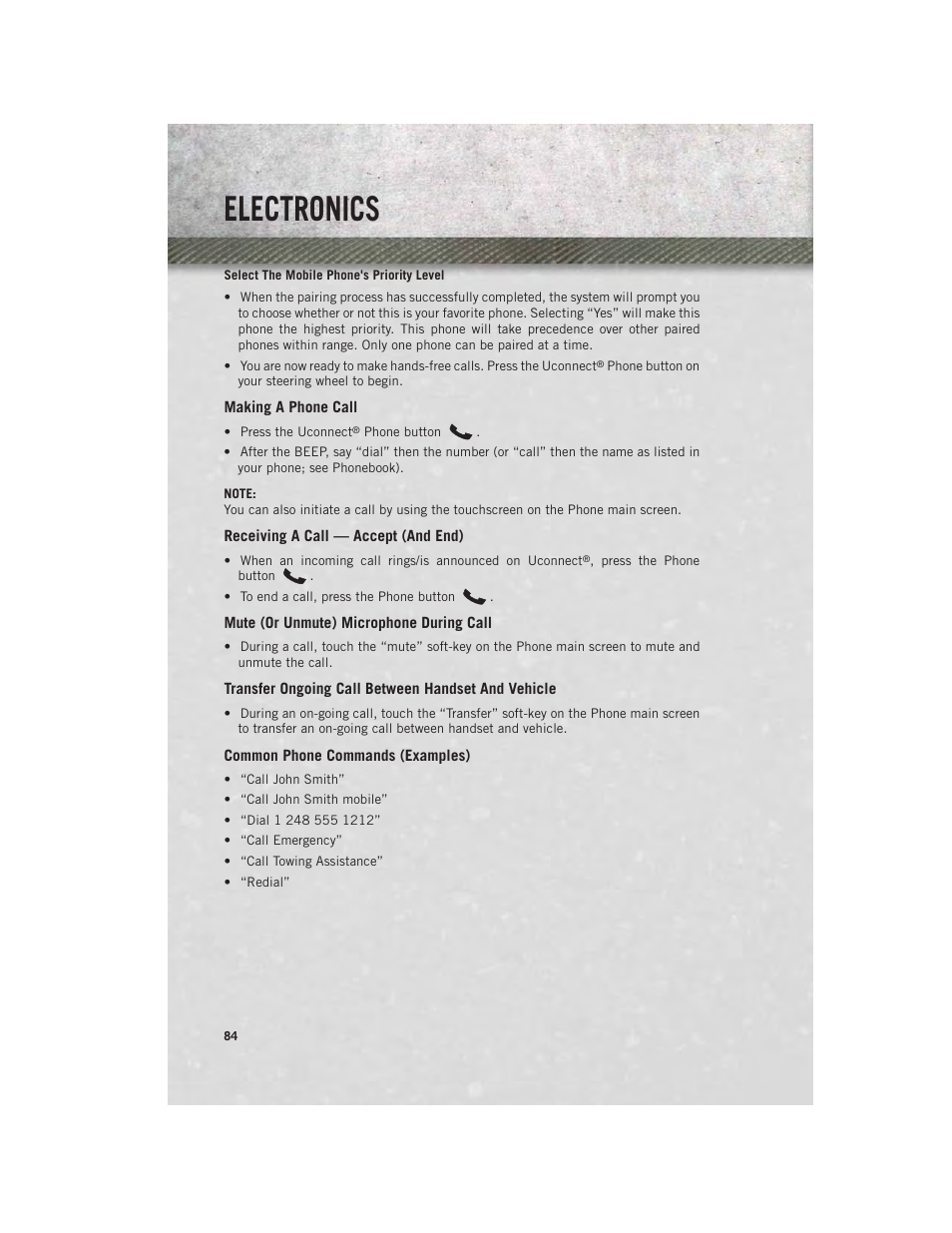 Making a phone call, Receiving a call — accept (and end), Mute (or unmute) microphone during call | Transfer ongoing call between handset and vehicle, Common phone commands (examples), Electronics | Ram Trucks 2014 Chassis Cab Commercial - User Guide User Manual | Page 86 / 204