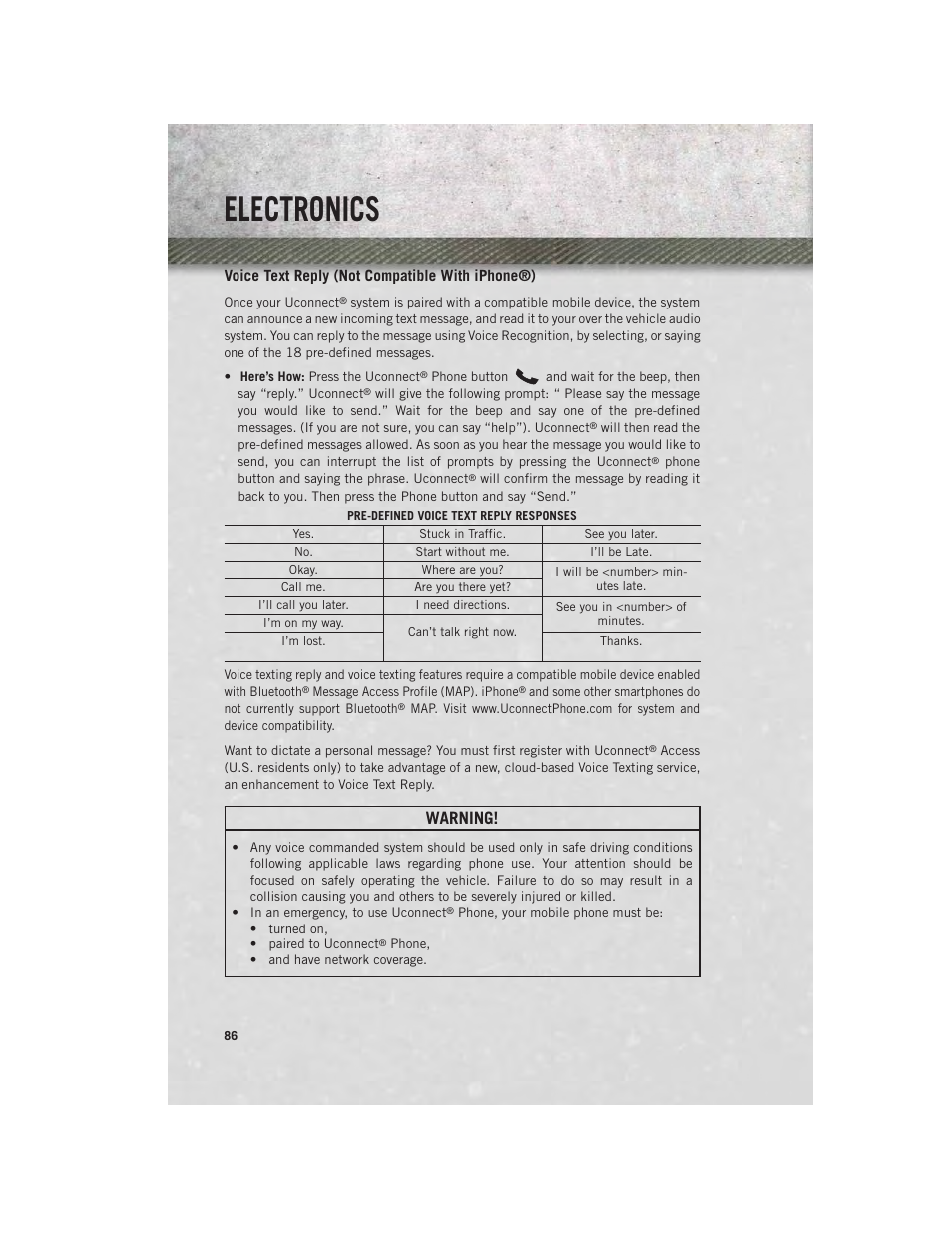 Voice text reply (not compatible with iphone®), Electronics, Warning | Ram Trucks 2014 Chassis Cab Commercial - User Guide User Manual | Page 88 / 204