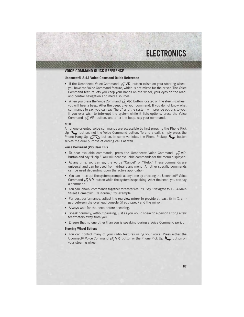 Voice command quick reference, Electronics | Ram Trucks 2014 Chassis Cab Commercial - User Guide User Manual | Page 89 / 204