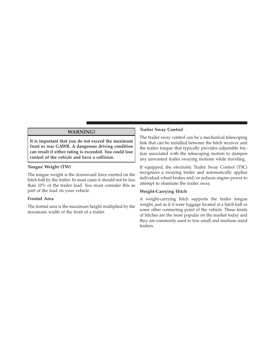 Tongue weight (tw), Frontal area, Trailer sway control | Weight-carrying hitch | Ram Trucks 2014 ProMaster Commercial - Diesel Supplement User Manual | Page 72 / 128