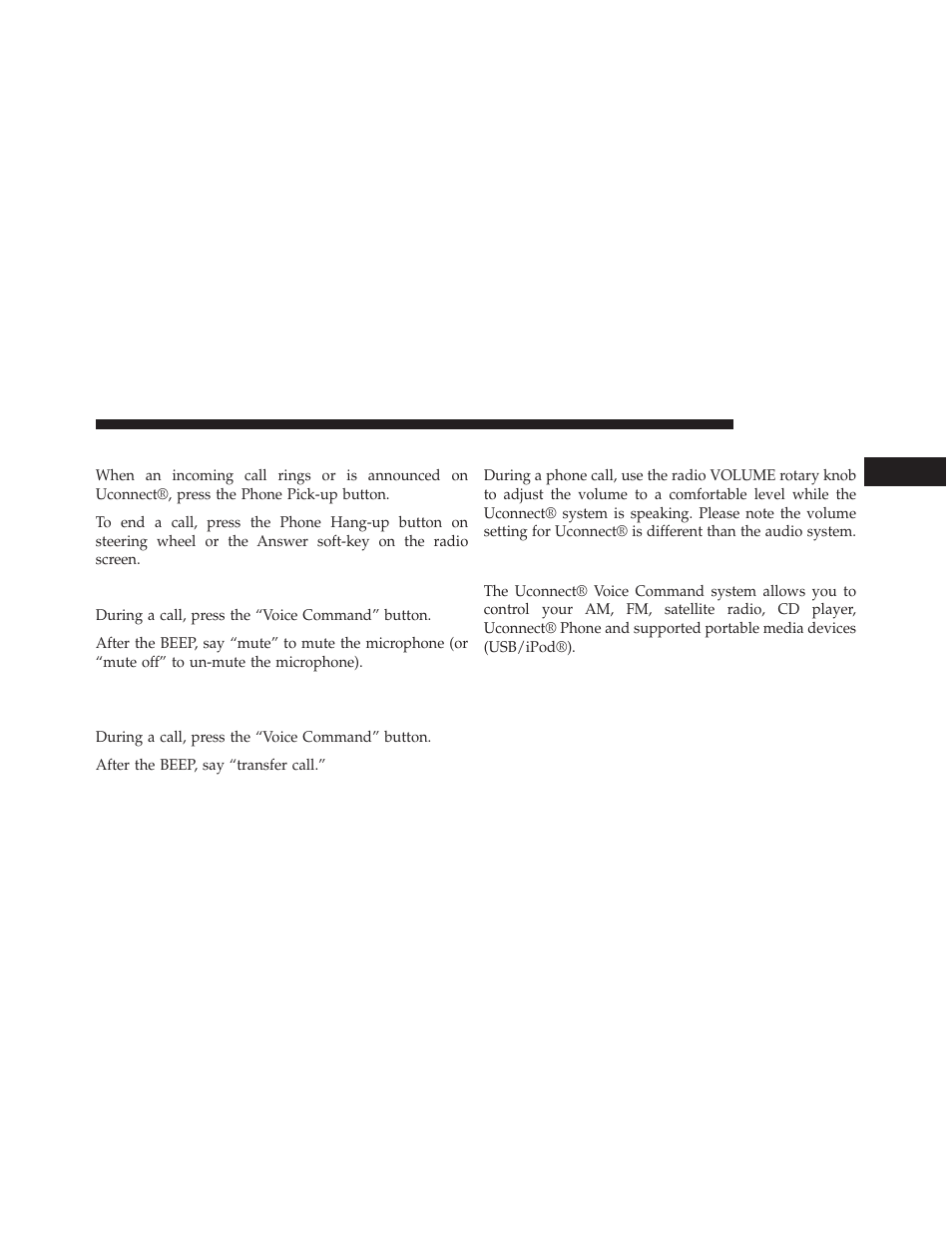 Receiving a call — accept (and end), Mute (or unmute) microphone during call, Transfer ongoing call between handset and vehicle | Changing the volume, Uconnect® voice command, Transfer ongoing call between handset and, Vehicle | Ram Trucks 2014 ProMaster Commercial - Uconnect 5.0/5.0N Manual User Manual | Page 24 / 114