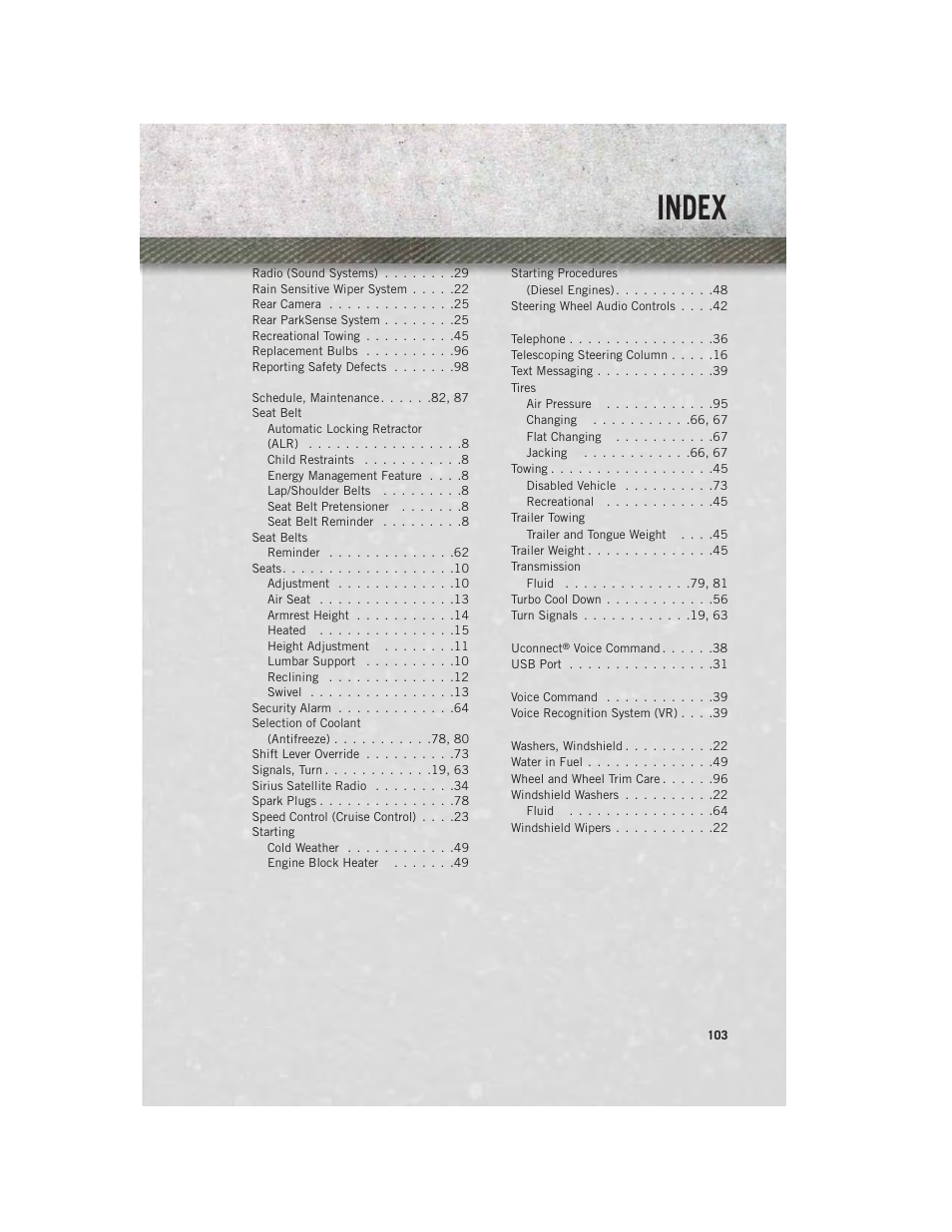 Index | Ram Trucks 2014 ProMaster Commercial - User Guide User Manual | Page 105 / 108