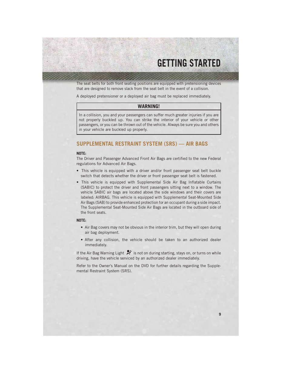 Supplemental restraint system (srs) — air bags, Getting started | Ram Trucks 2014 ProMaster Commercial - User Guide User Manual | Page 11 / 108