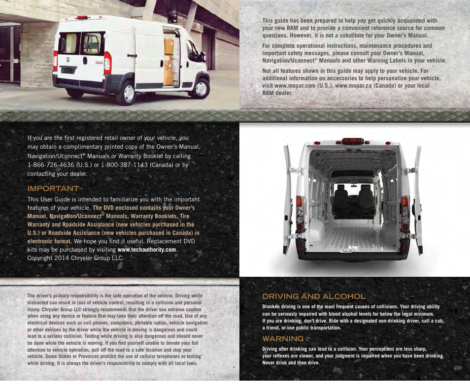 Important, Driving and alcohol, Warning | Ram Trucks 2014 ProMaster Commercial - User Guide User Manual | Page 2 / 108