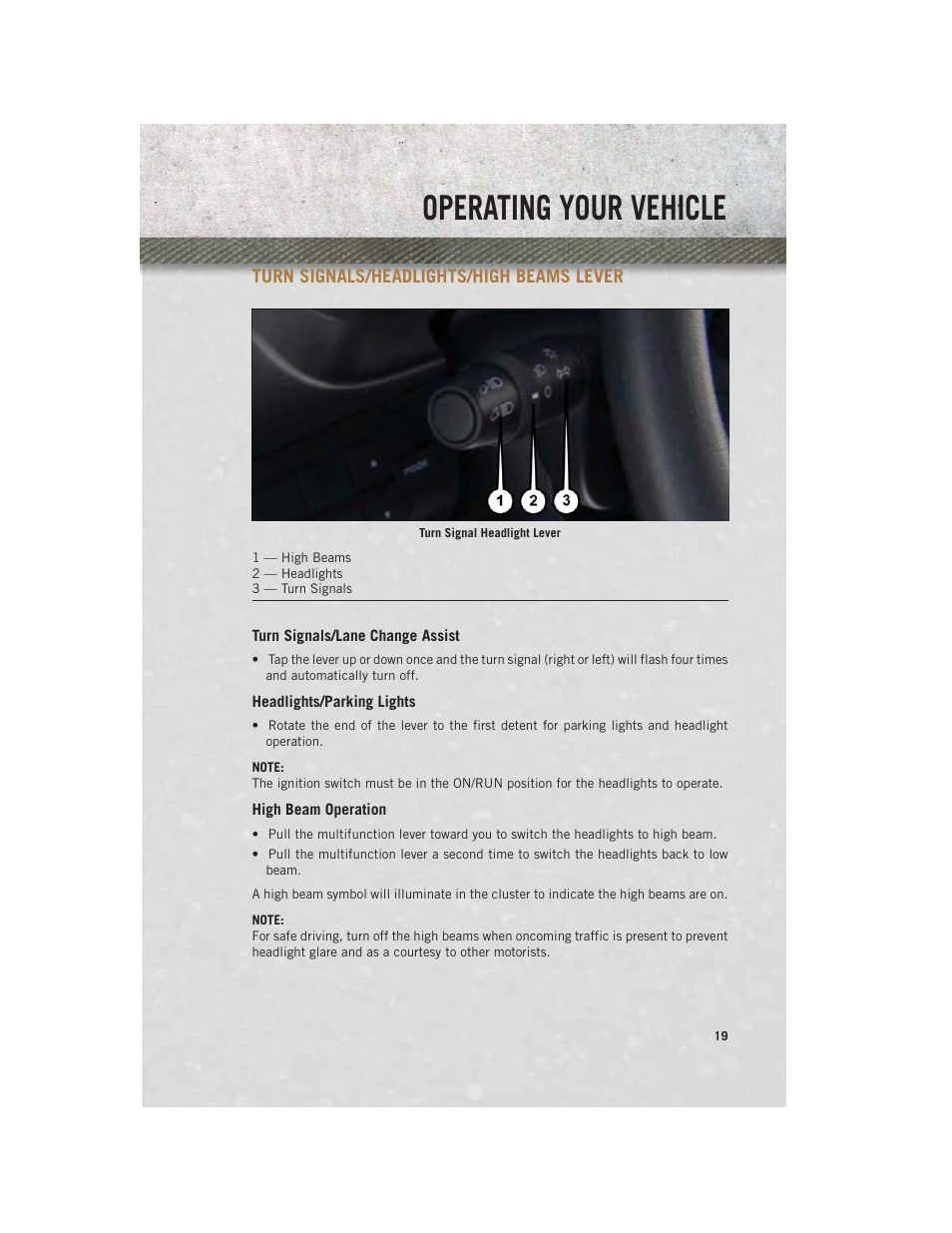 Turn signals/headlights/high beams lever, Turn signals/lane change assist, Headlights/parking lights | High beam operation, Operating your vehicle | Ram Trucks 2014 ProMaster Commercial - User Guide User Manual | Page 21 / 108