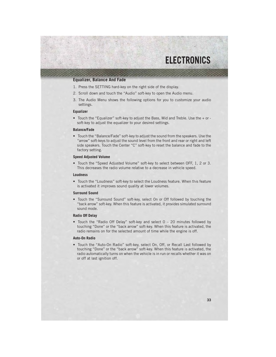 Equalizer, balance and fade, Electronics | Ram Trucks 2014 ProMaster Commercial - User Guide User Manual | Page 35 / 108