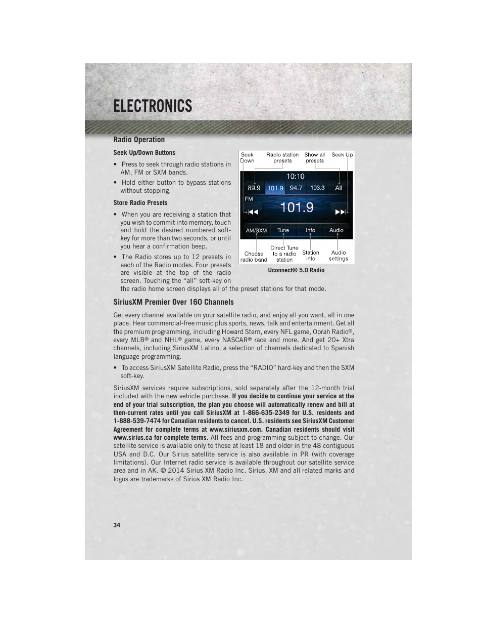 Radio operation, Siriusxm premier over 160 channels, Electronics | Ram Trucks 2014 ProMaster Commercial - User Guide User Manual | Page 36 / 108