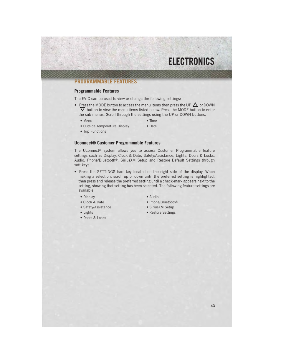 Programmable features, Uconnect® customer programmable features, Electronics | Ram Trucks 2014 ProMaster Commercial - User Guide User Manual | Page 45 / 108