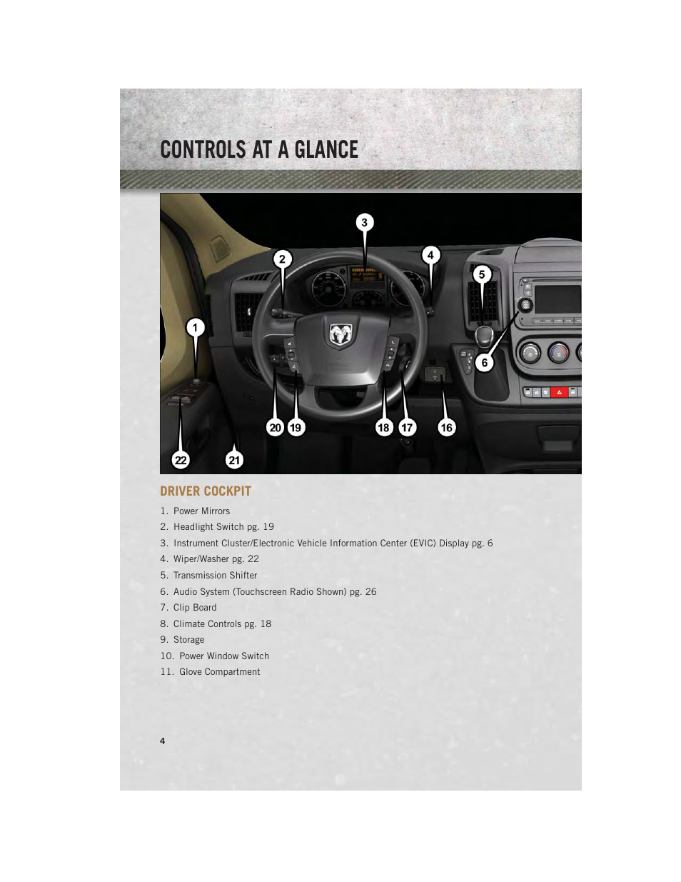 Controls at a glance, Driver cockpit | Ram Trucks 2014 ProMaster Commercial - User Guide User Manual | Page 6 / 108