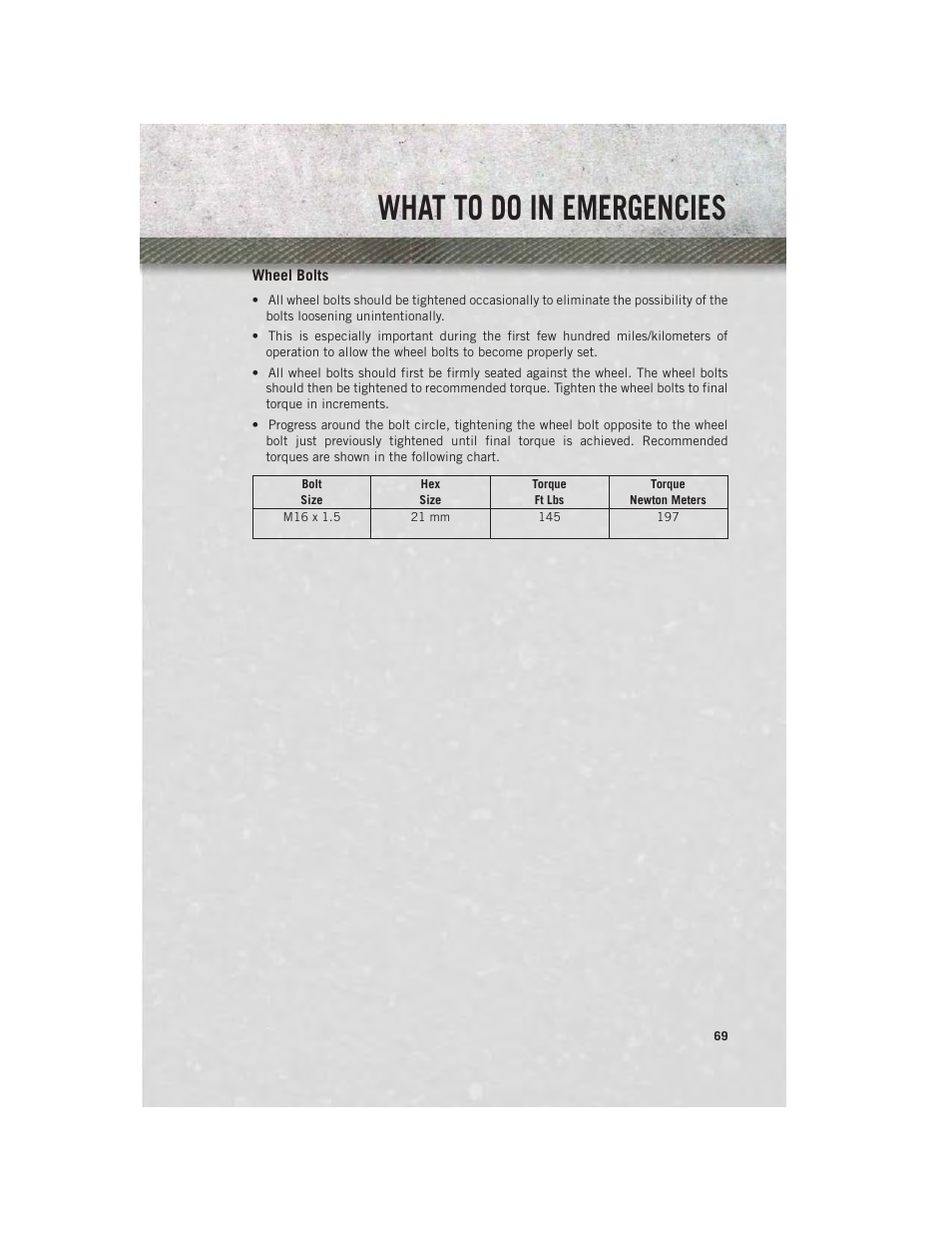 Wheel bolts, What to do in emergencies | Ram Trucks 2014 ProMaster Commercial - User Guide User Manual | Page 71 / 108