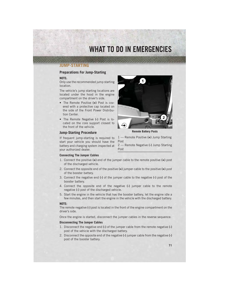 Jump-starting, Preparations for jump-starting, Jump-starting procedure | What to do in emergencies | Ram Trucks 2014 ProMaster Commercial - User Guide User Manual | Page 73 / 108