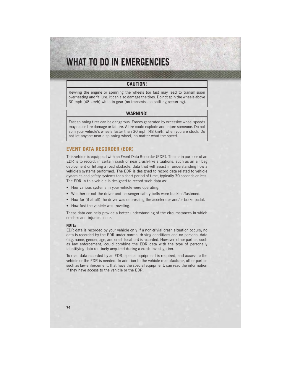 Event data recorder (edr), What to do in emergencies | Ram Trucks 2014 ProMaster Commercial - User Guide User Manual | Page 76 / 108