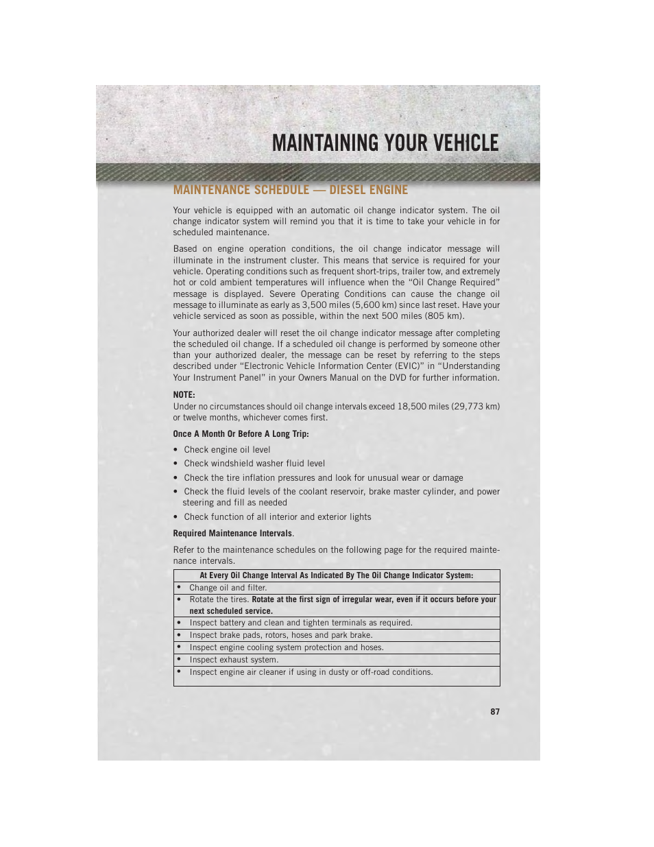 Maintenance schedule — diesel engine, Maintaining your vehicle | Ram Trucks 2014 ProMaster Commercial - User Guide User Manual | Page 89 / 108