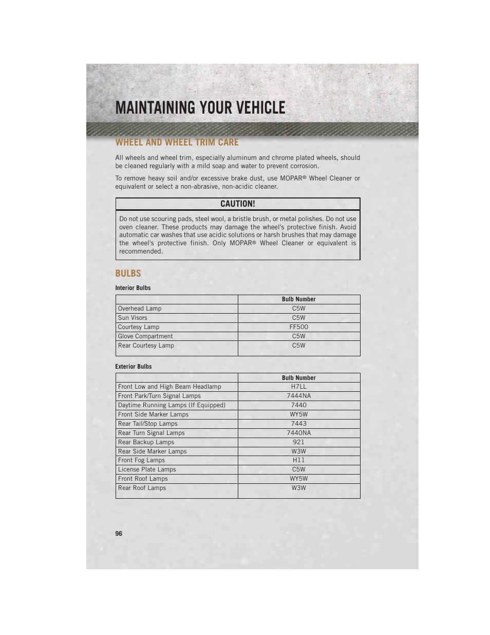 Wheel and wheel trim care, Bulbs, Maintaining your vehicle | Caution | Ram Trucks 2014 ProMaster Commercial - User Guide User Manual | Page 98 / 108