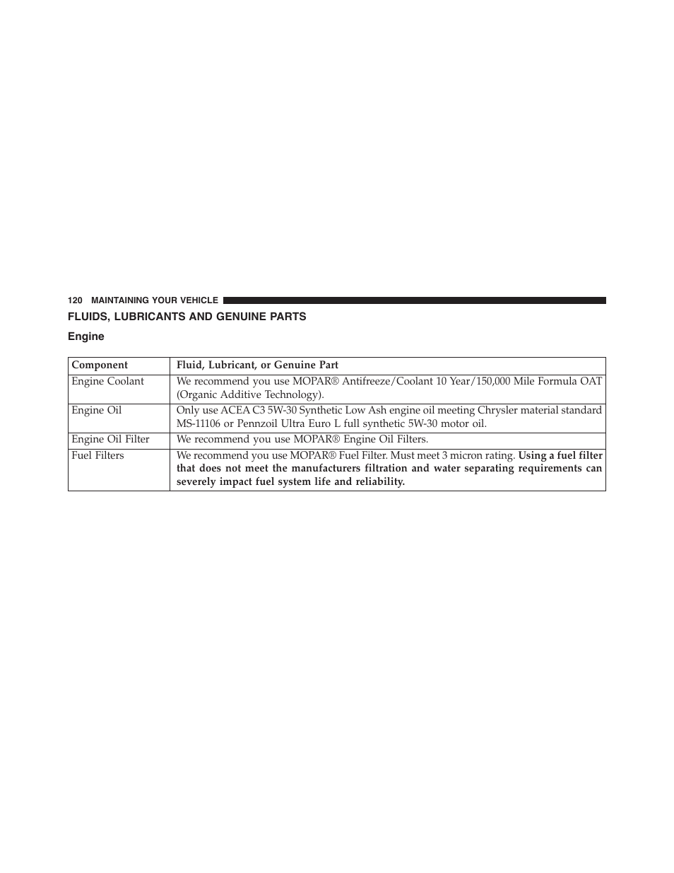 Fluids, lubricants and genuine parts, Engine | Ram Trucks 2015 Chassis Cab Commercial - Diesel Supplement User Manual | Page 122 / 354