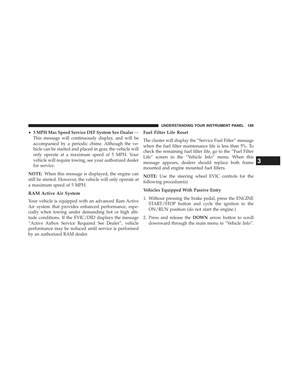 Ram active air system, Fuel filter life reset | Ram Trucks 2015 Chassis Cab Commercial - Diesel Supplement User Manual | Page 191 / 354