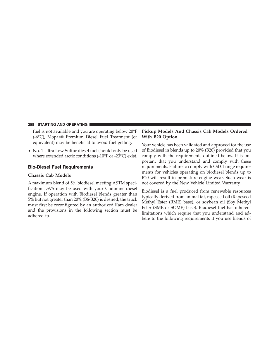 Bio-diesel fuel requirements, Chassis cab models | Ram Trucks 2015 Chassis Cab Commercial - Diesel Supplement User Manual | Page 260 / 354