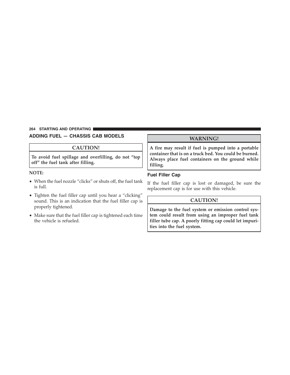 Adding fuel — chassis cab models, Fuel filler cap | Ram Trucks 2015 Chassis Cab Commercial - Diesel Supplement User Manual | Page 266 / 354