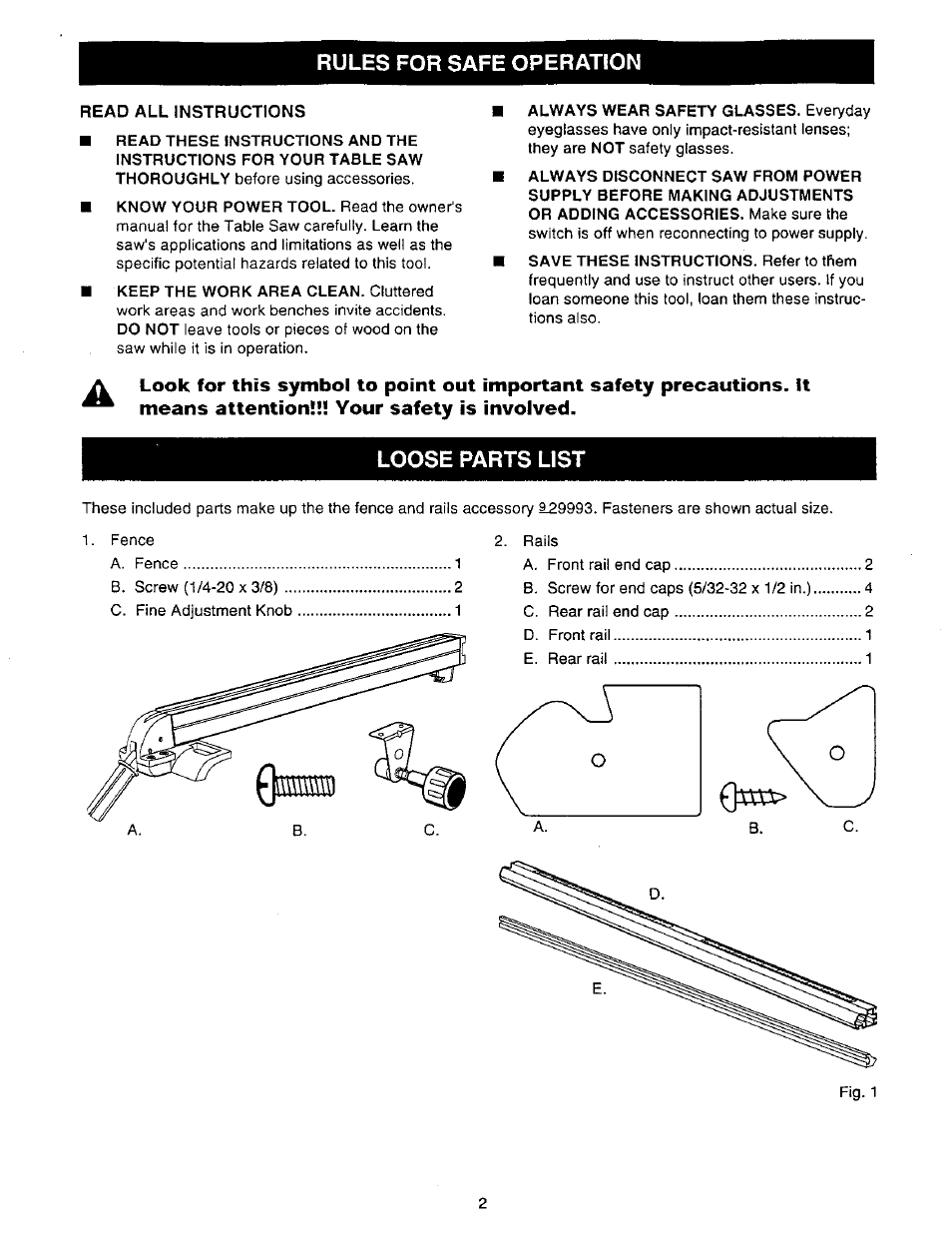 Rules for safe operation, Loose parts list | Craftsman 315.228410 User Manual | Page 2 / 8