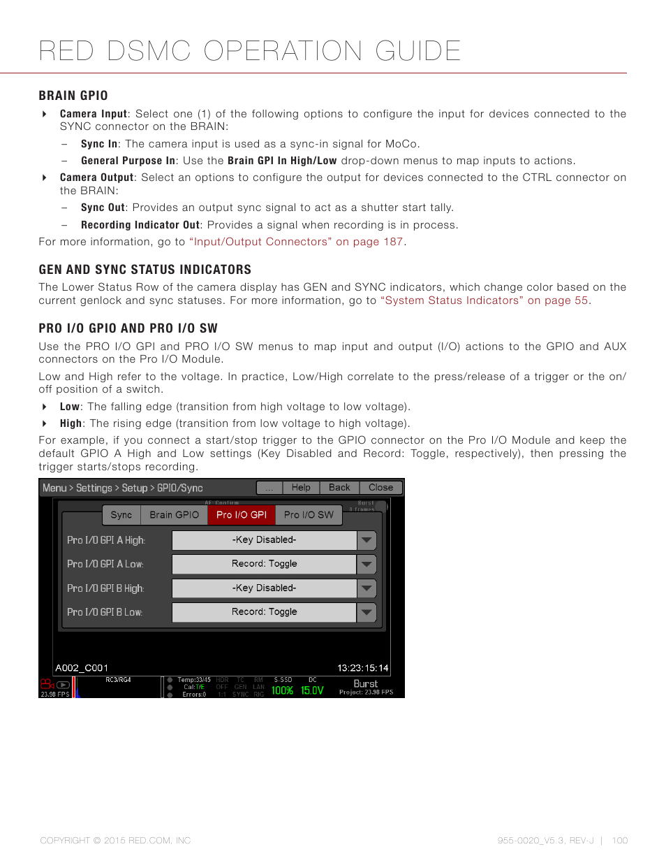 Brain gpio, Gen and sync status indicators, Pro i/o gpio and pro i/o sw | Red dsmc operation guide | RED DSMC User Manual | Page 100 / 210