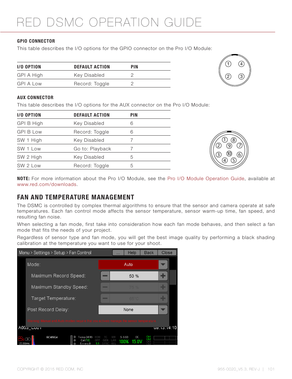 Gpio connector, Aux connector, Fan and temperature management | Red dsmc operation guide | RED DSMC User Manual | Page 101 / 210