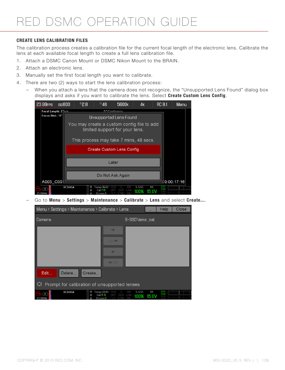 Create lens calibration files, Red dsmc operation guide | RED DSMC User Manual | Page 108 / 210