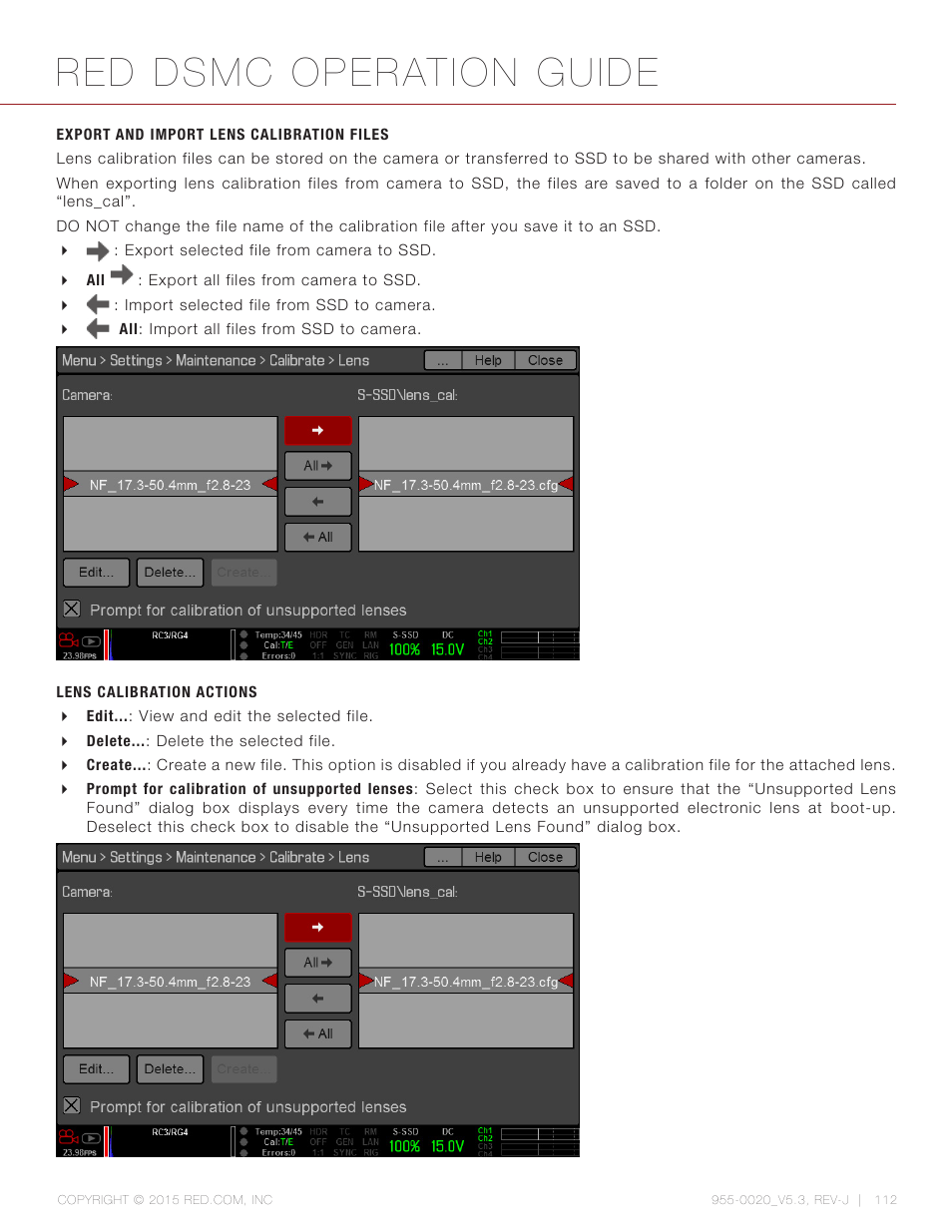 Export and import lens calibration files, Lens calibration actions, Red dsmc operation guide | RED DSMC User Manual | Page 112 / 210