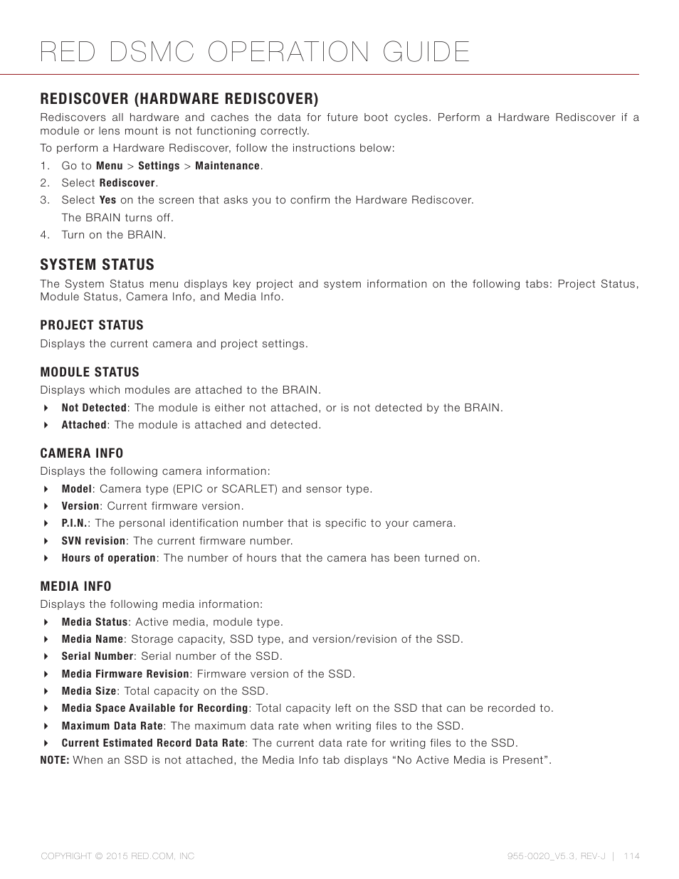 Rediscover (hardware rediscover), System status, Project status | Module status, Camera info, Media info, Red dsmc operation guide | RED DSMC User Manual | Page 114 / 210