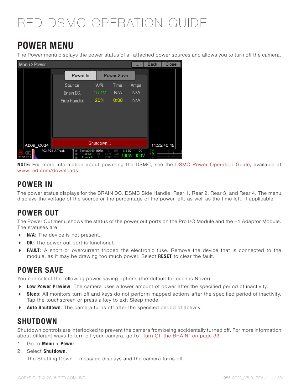 Power menu, Power in, Power out | Power save, Shutdown, Red dsmc operation guide | RED DSMC User Manual | Page 120 / 210