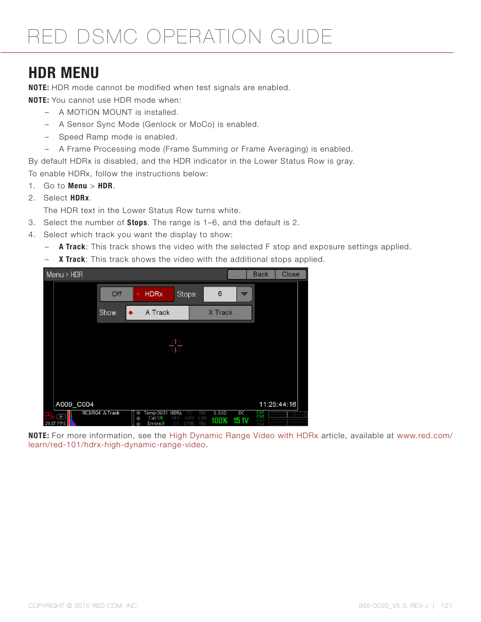 Hdr menu, Red dsmc operation guide | RED DSMC User Manual | Page 121 / 210