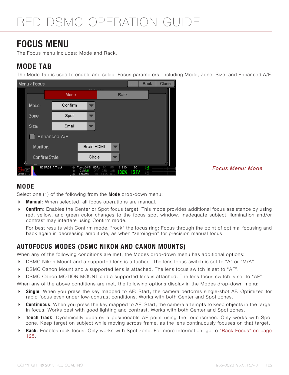 Focus menu, Mode tab, Mode | Autofocus modes (dsmc nikon and canon mounts), Red dsmc operation guide | RED DSMC User Manual | Page 122 / 210