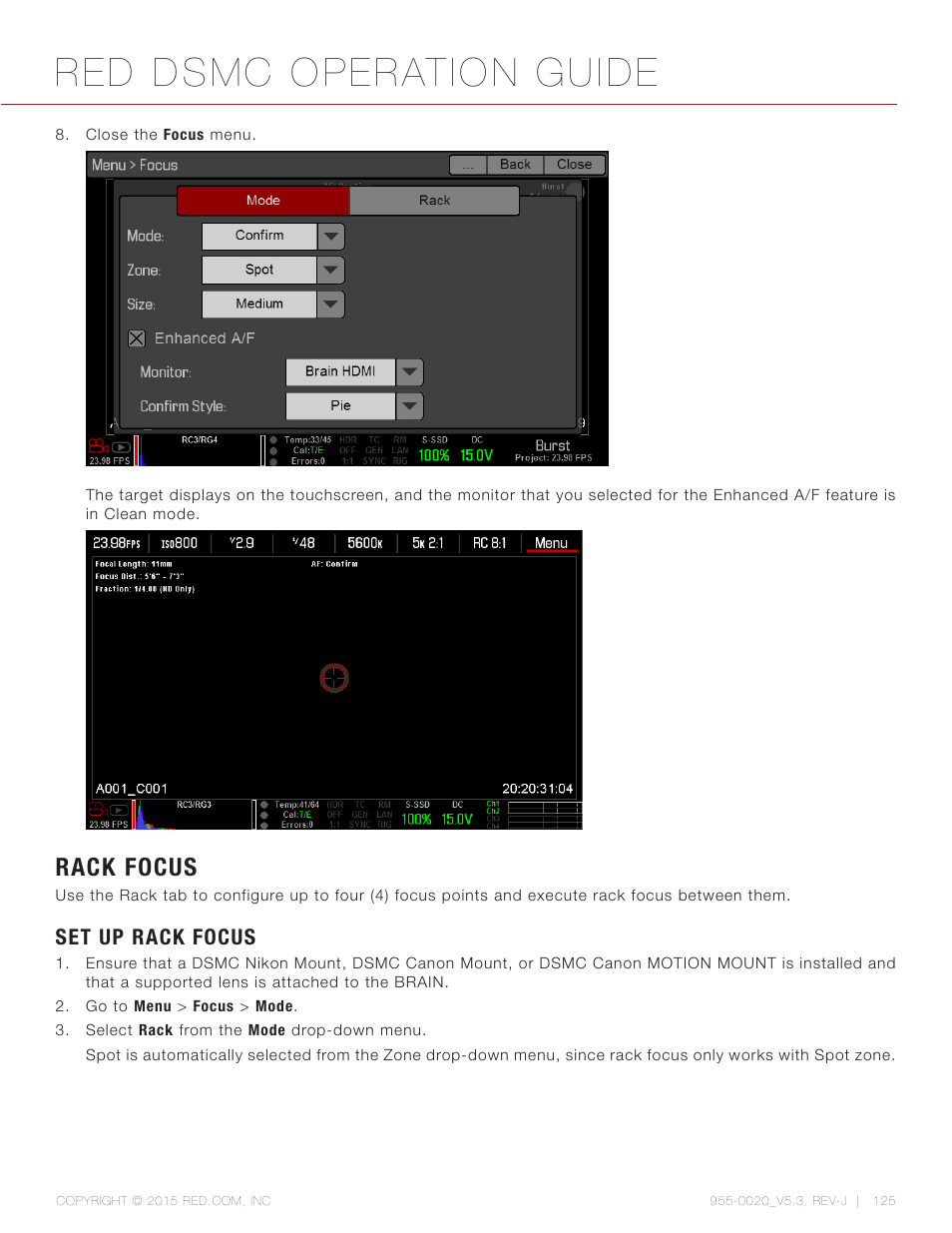 Rack focus, Set up rack focus, Red dsmc operation guide | RED DSMC User Manual | Page 125 / 210