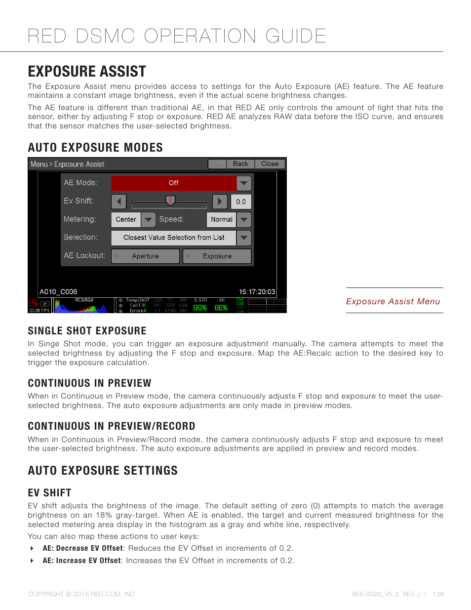 Exposure assist, Auto exposure modes, Single shot exposure | Continuous in preview, Continuous in preview/record, Auto exposure settings, Ev shift, Red dsmc operation guide | RED DSMC User Manual | Page 128 / 210