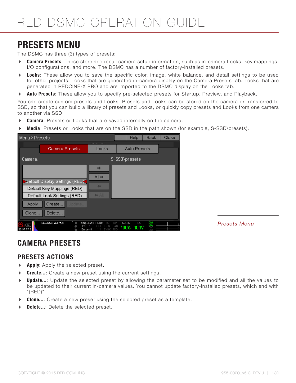 Presets menu, Camera presets, Presets actions | Red dsmc operation guide | RED DSMC User Manual | Page 130 / 210