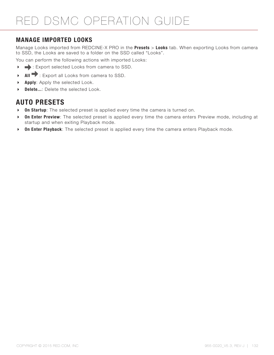 Manage imported looks, Auto presets, Red dsmc operation guide | RED DSMC User Manual | Page 132 / 210