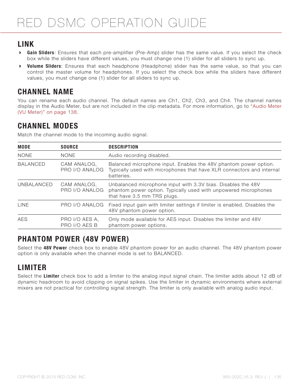 Link, Channel name, Channel modes | Phantom power (48v power), Limiter, Red dsmc operation guide | RED DSMC User Manual | Page 135 / 210