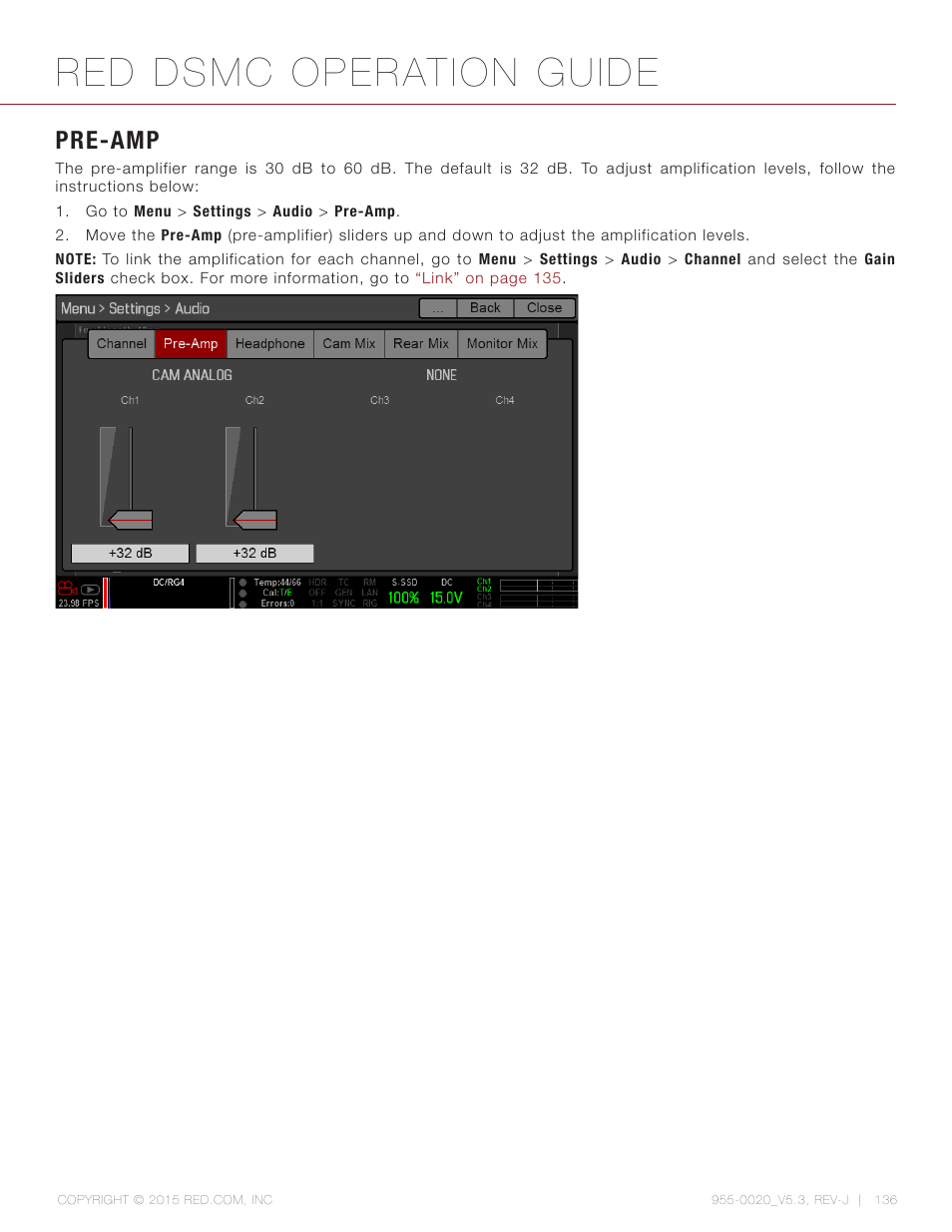 Pre-amp, Red dsmc operation guide | RED DSMC User Manual | Page 136 / 210