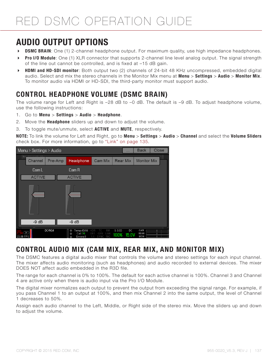 Audio output options, Control headphone volume (dsmc brain), Red dsmc operation guide | RED DSMC User Manual | Page 137 / 210