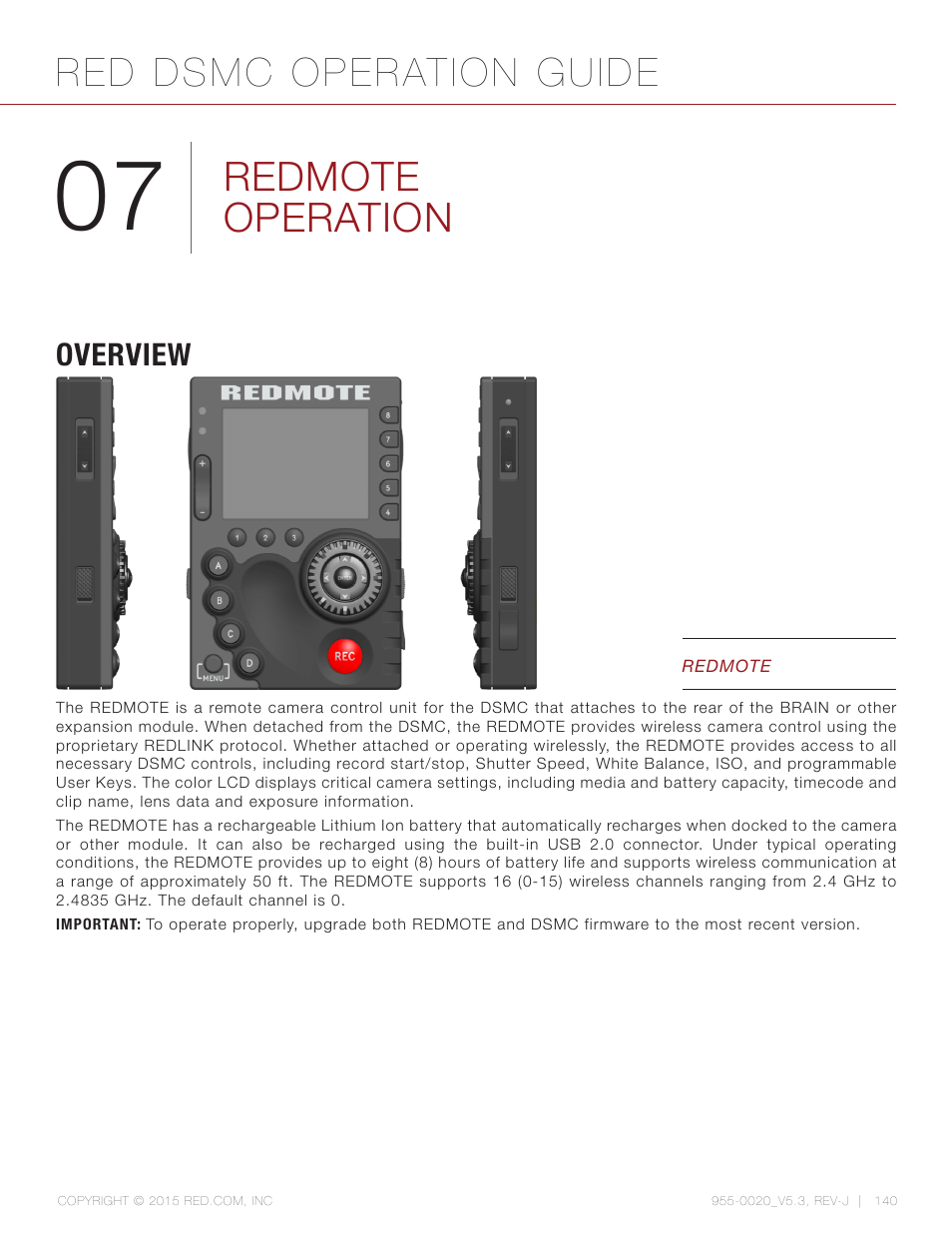 Redmote operation, Overview, Overview 140 | Red dsmc operation guide | RED DSMC User Manual | Page 140 / 210