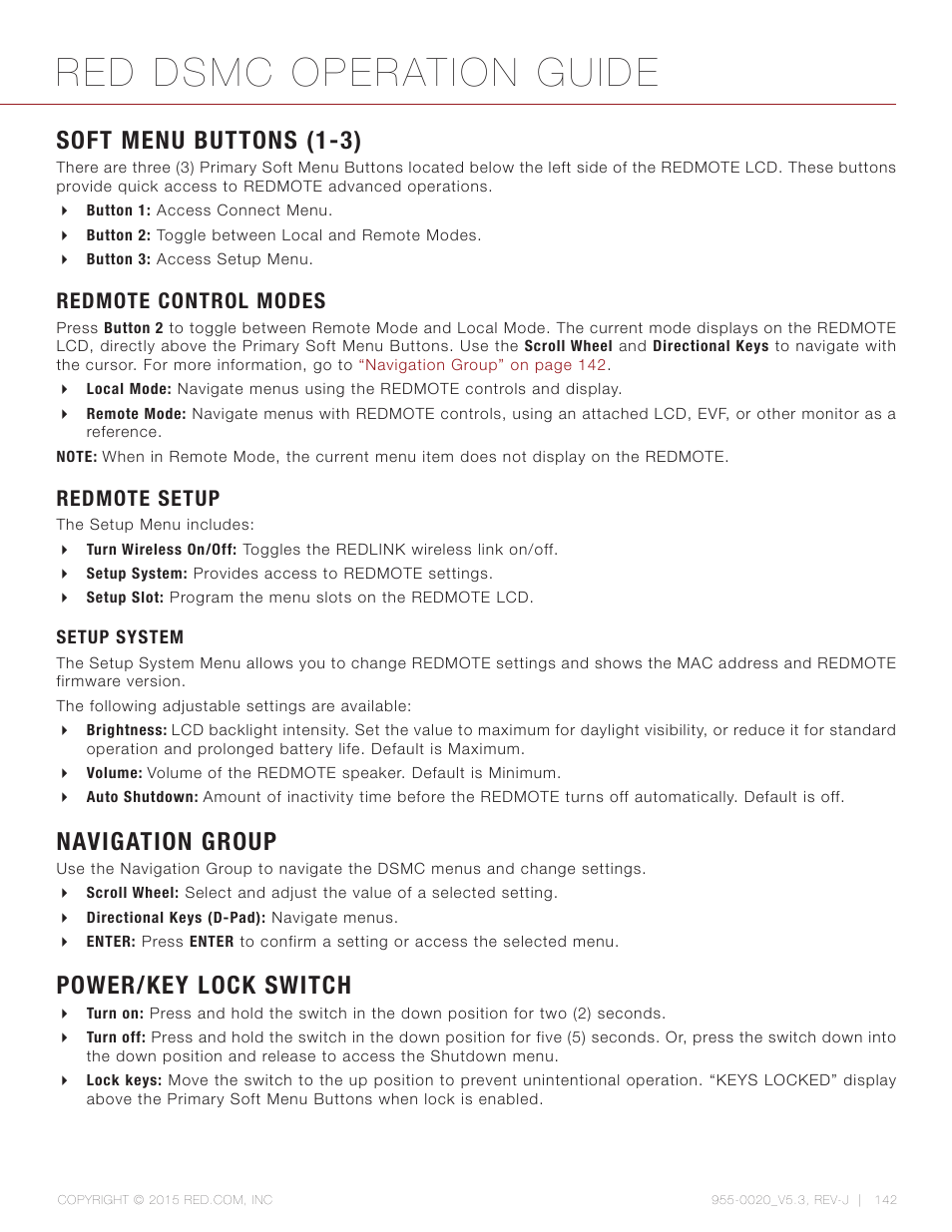 Soft menu buttons (1-3), Redmote control modes, Redmote setup | Setup system, Navigation group, Power/key lock switch, Red dsmc operation guide | RED DSMC User Manual | Page 142 / 210