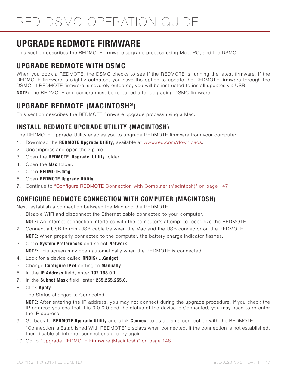 Upgrade redmote firmware, Upgrade redmote with dsmc, Upgrade redmote (macintosh®) | Install redmote upgrade utility (macintosh), Red dsmc operation guide, Upgrade redmote (macintosh | RED DSMC User Manual | Page 147 / 210