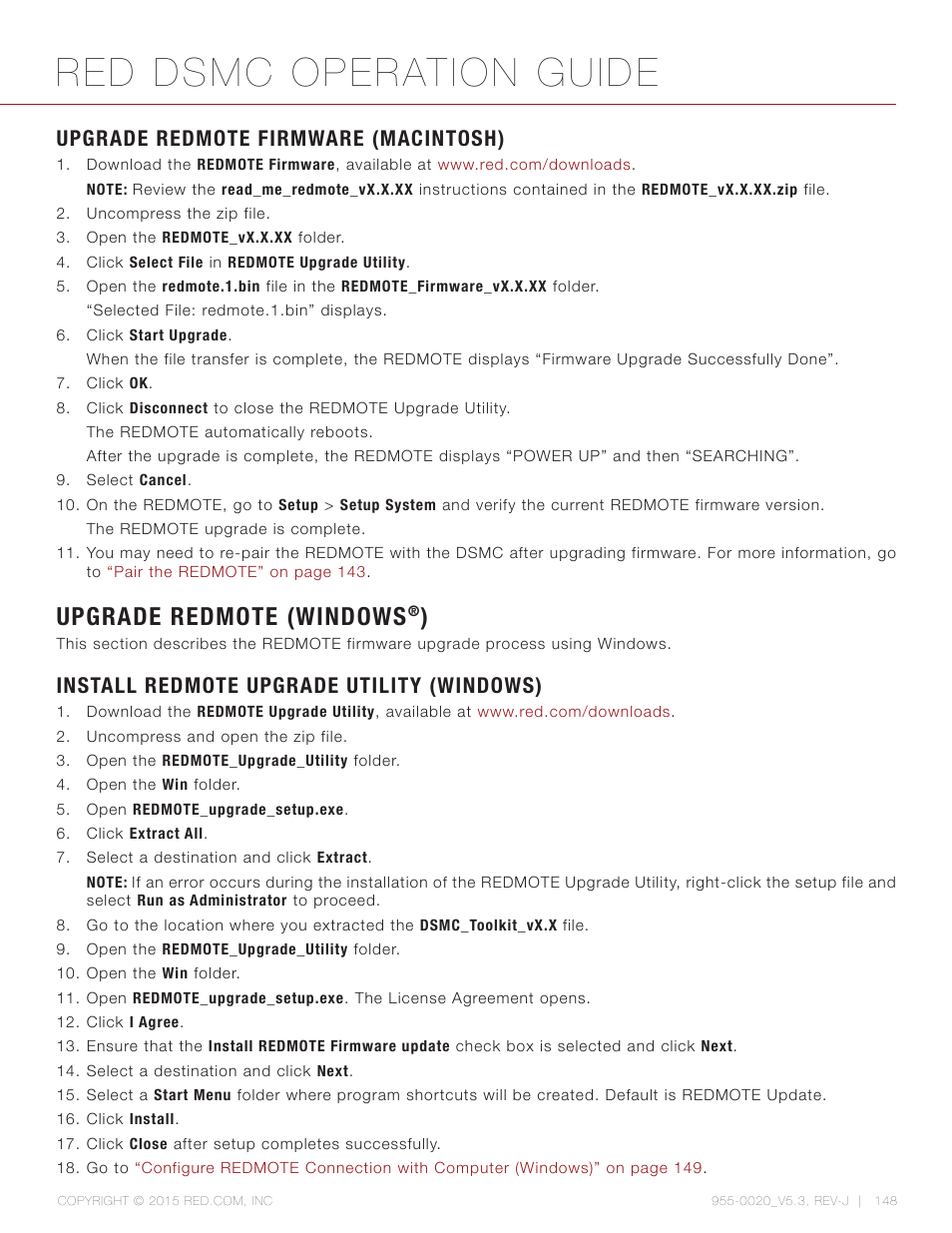 Upgrade redmote firmware (macintosh), Upgrade redmote (windows®), Install redmote upgrade utility (windows) | Red dsmc operation guide, Upgrade redmote (windows | RED DSMC User Manual | Page 148 / 210