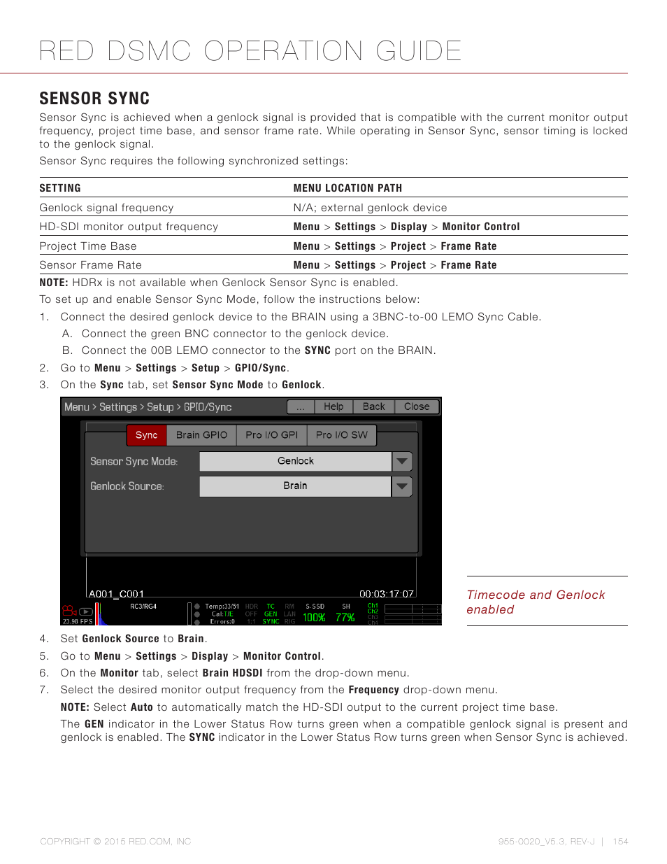 Sensor sync, Red dsmc operation guide | RED DSMC User Manual | Page 154 / 210