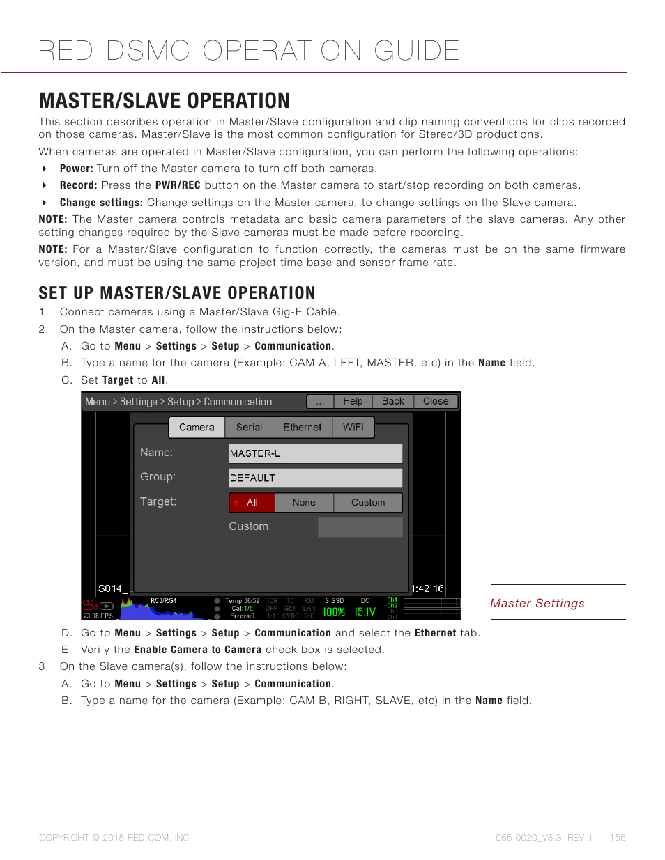 Master/slave operation, Set up master/slave operation, Red dsmc operation guide | RED DSMC User Manual | Page 155 / 210