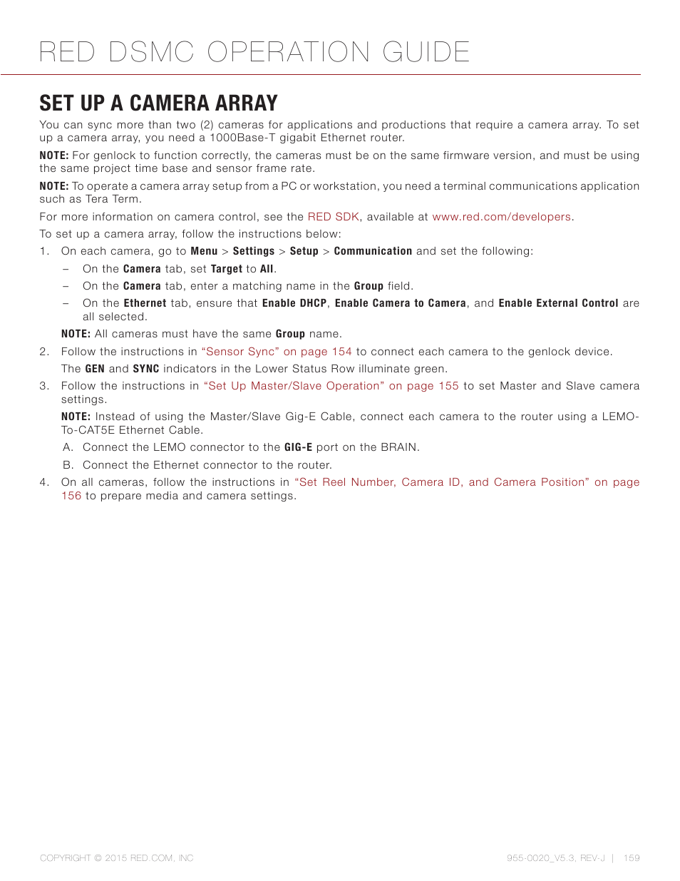 Set up a camera array, Red dsmc operation guide | RED DSMC User Manual | Page 159 / 210